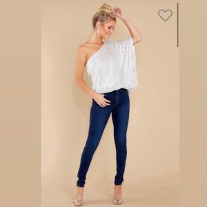 Starry Eyed Silver/White One Shoulder Top, Sequin